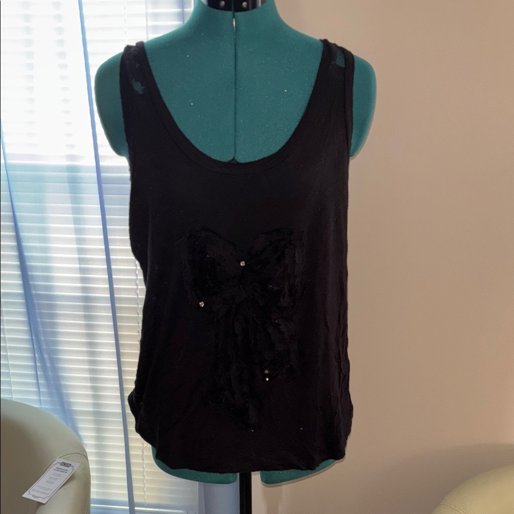 Iris Basic Black Tank Top with Bow Accent